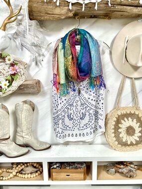 Rainbow Cashmere pashmina boho scarf/body wrap w hippy Gypsy resort vacay vibe